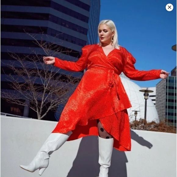 NEW Eloquii Red Leopard‎ Burnout Pattern Wrap Dress with Puff Shoulders, 26 - Picture 3 of 16